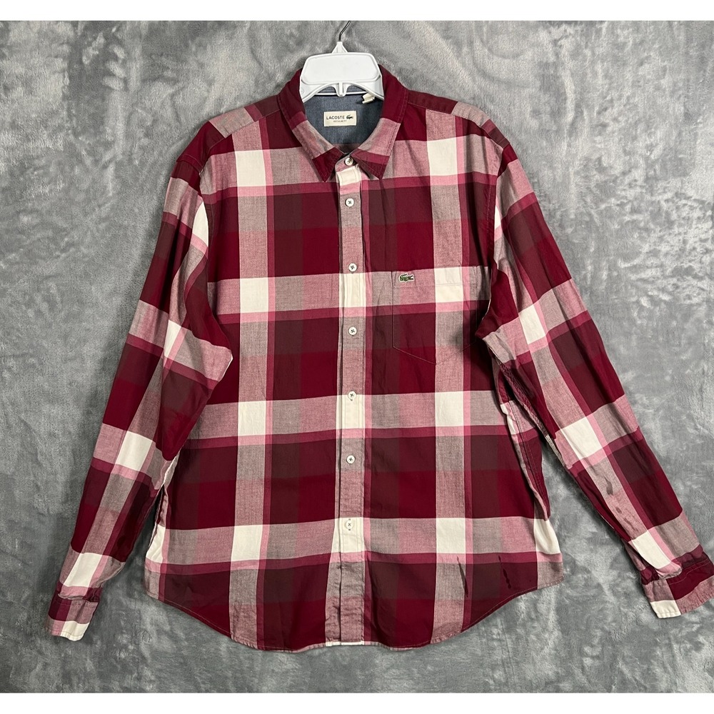 Lacoste Plaid Red Button Up Shirt Mens XL 2XL Long Sleeve Pocket Buffalo Cotton